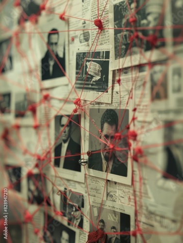 An intense closeup of an investigation board, red strings linking various clues and photos, highlighting a complex case