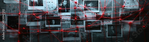 A mysterious investigation board filled with photos, red strings connecting the dots, revealing hidden patterns photo