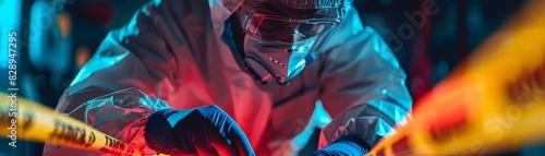 A forensic investigator in action, surrounded by police tape and evidence markers, capturing critical details