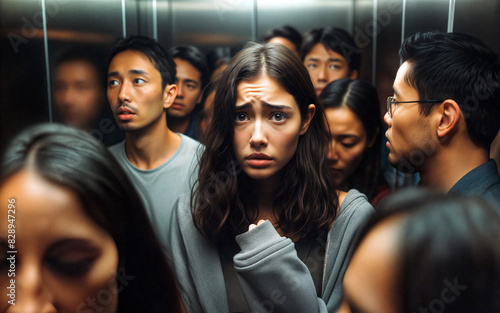 Anxious Woman in Crowded Elevator Feeling Claustrophobic and Trapped