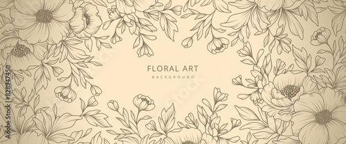 Elegant Floral beige background with hand drawn vintage pattern of flowers and leaves. Vector design for card, wall poster, flyer, banner, wedding invitation, print, cover, wallpaper