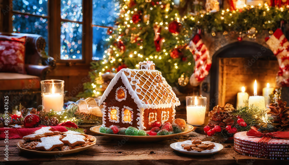 A cozy scene featuring a gingerbread house positioned in front of a warm fireplace, adorned with a beautifully decorated Christmas tree, creating a festive holiday ambiance. A cozy scene featuring a gingerbread house positioned in front of a warm fireplace, adorned with a beautifully decorated Christmas tree, creating a festive holiday ambiance.