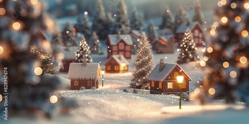 This beautifully crafted image captures the magical feeling of a miniature snowy village adorned with Christmas lights
