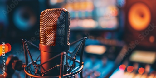 A studio microphone in sharp focus set against a vibrant, bokeh-lit background, connoting professional music production