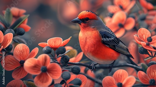 cute cartoon adult male Scarlet Tanager Piranga olivacea with red and black plumage happy native to the United States North America photo