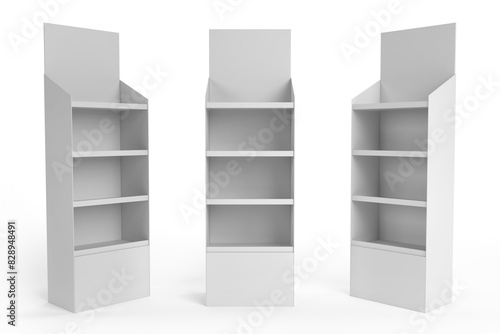 Supermarket Promotional Display Rack, Empty Product Display, PDQ Display Box With Three Different View, Floor Stand Display. 3D Rendered.