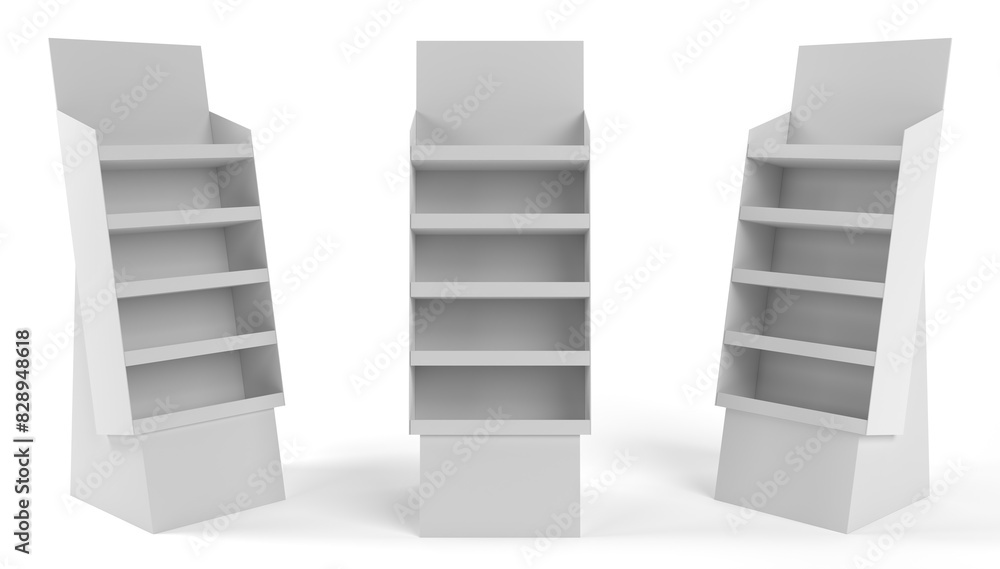 Supermarket Promotional Display Rack, Empty Product Display, PDQ Display Box With Three Different View, Floor Stand Display. 3D Rendered. Supermarket Promotional Display Rack, Empty Product Display, PDQ Display Box With Three Different View, Floor Stand Display. 3D Rendered.