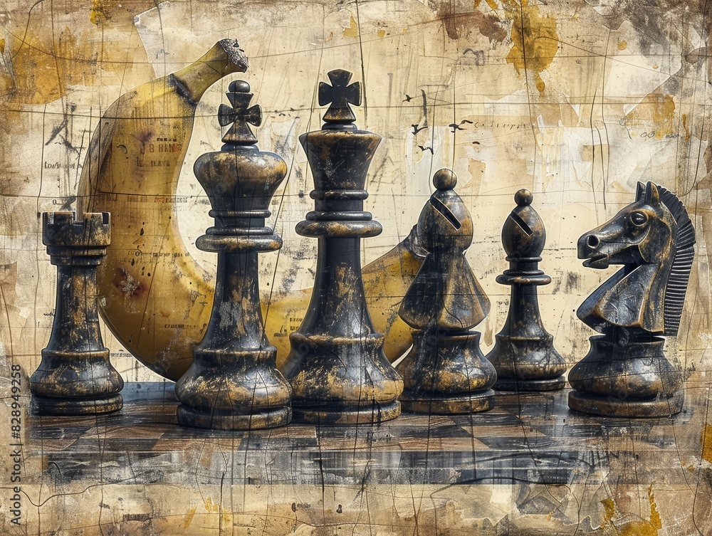 Fantasy illustration of a banana transforming into chess pieces, a pencil drawing the magical transition Fantasy illustration of a banana transforming into chess pieces, a pencil drawing the magical transition
