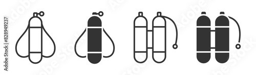 Vector illustration of scuba tanks in various designs, featuring minimalist black and white style.