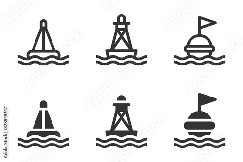 Set of vector illustrations of different types of marine buoys in a simple black and white design.