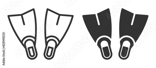 Black and white vector illustration of a pair of flippers for diving or swimming.