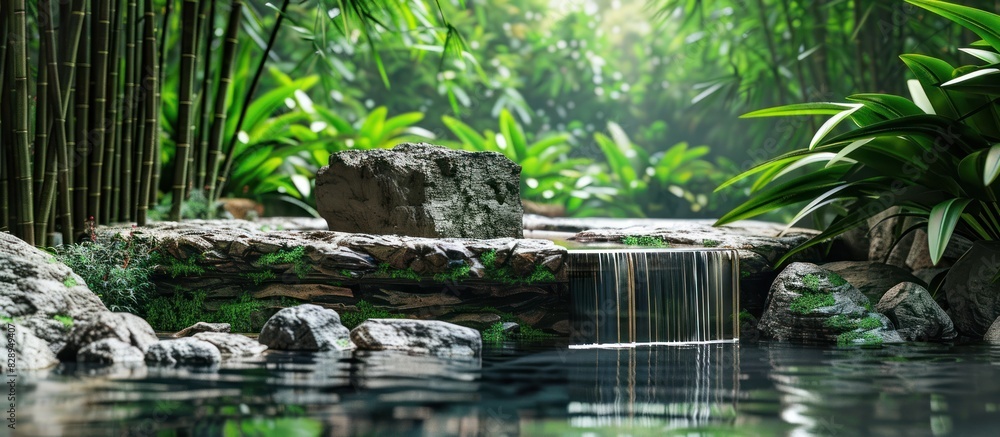 Natural rock podium with water surround with bamboo environment Natural rock podium with water surround with bamboo environment