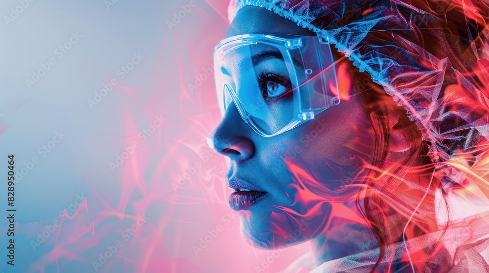 Profile of a scientist wearing protective goggles and a hairnet, bathed in colorful futuristic lighting, representing innovation in STEM. Profile of a scientist wearing protective goggles and a hairnet, bathed in colorful futuristic lighting, representing innovation in STEM.