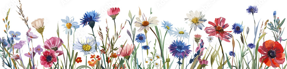 Fototapeta premium Floral border with spring wild flowers on transparent background, Botanical banner with herbal plants, blooms for decoration