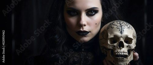 A goth woman holding a human skull. photo