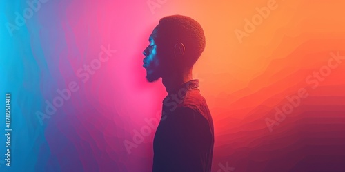 Profile view of a man against a gradient background with vibrant blue and orange hues, creating a dramatic contrast and modern aesthetic.