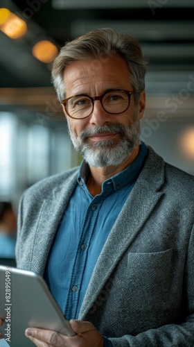 An older man with a beard and glasses is smiling while holding a tablet