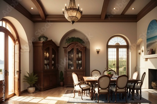 Spacious dining room with classic furniture and large windows casting warm sunlight across the elegant, well-appointed interior design © samsul