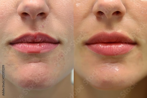 Female woman lips before and after augmentation procedure