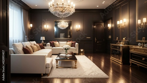 Luxurious and roomy living space with sophisticated dark wood paneling, elegant white sofas, and a grand crystal chandelier for added opulence
