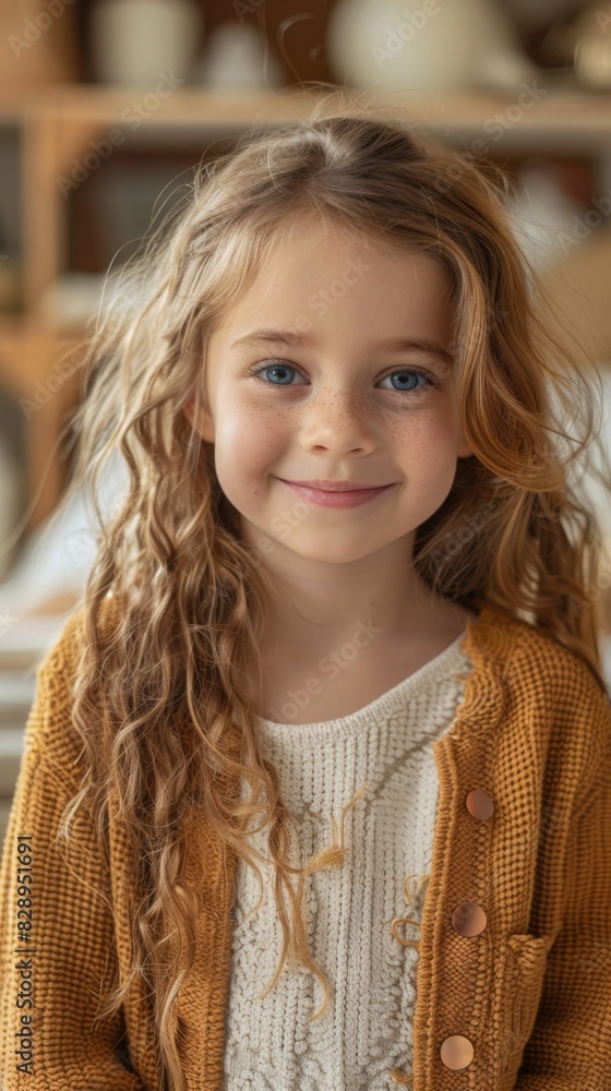 A charming kid with curly hair and blue eyes posing for the camera A charming kid with curly hair and blue eyes posing for the camera