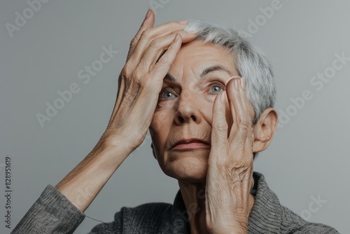 A concerned senior woman touching the area around her eye with a visible cataract affecting her vision on a neutral background