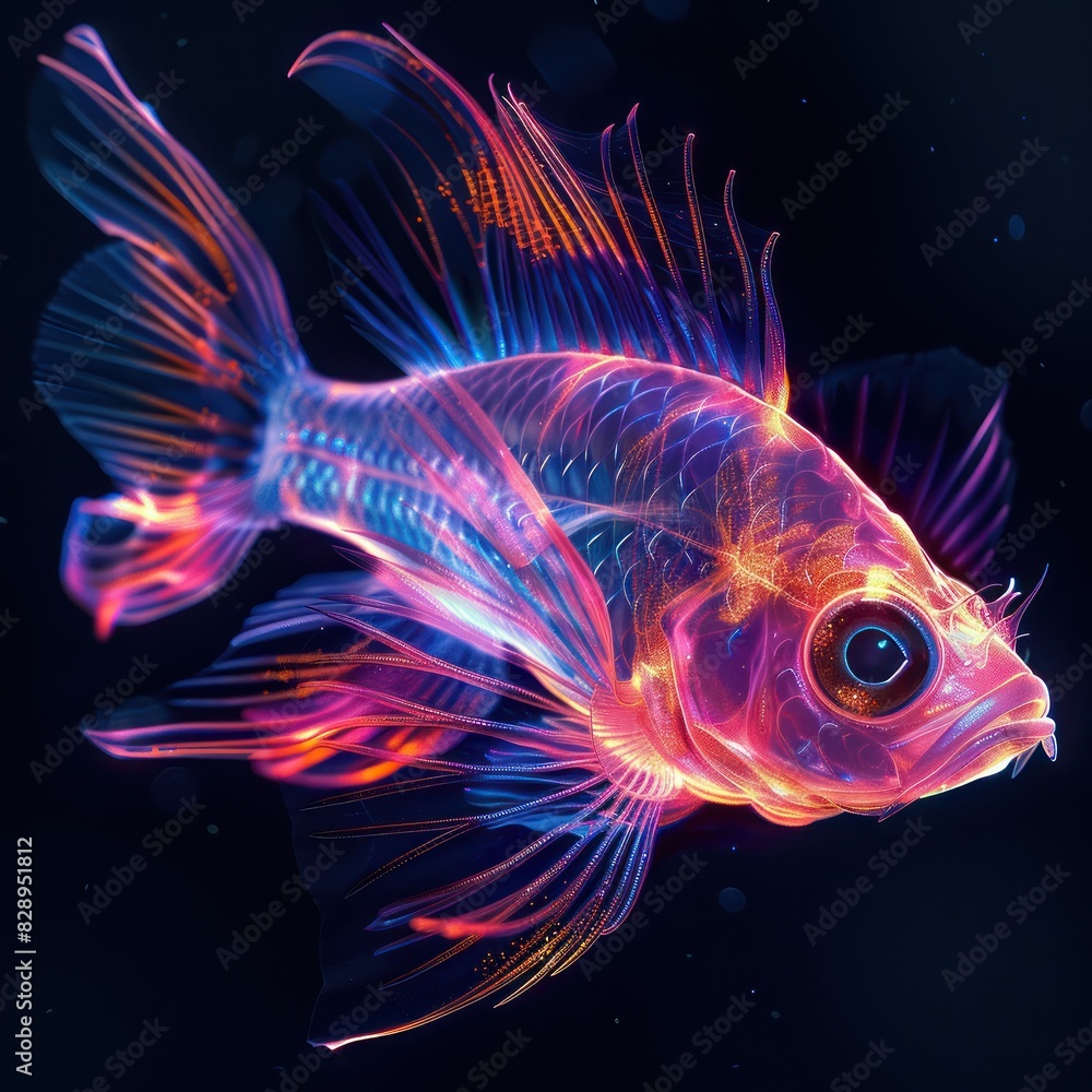 Vibrant, ethereal image of a colorful, glowing fish with neon hues against a dark background, capturing the beauty of underwater life. Vibrant, ethereal image of a colorful, glowing fish with neon hues against a dark background, capturing the beauty of underwater life.