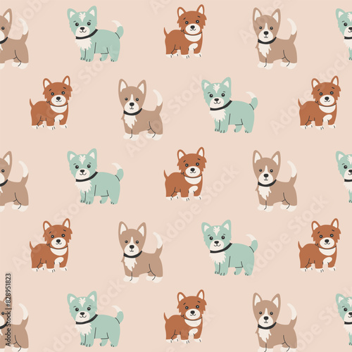 Puppies regular seamless pattern. Cute pets with collar repeat on pink background. Vector illustration in flat design.
