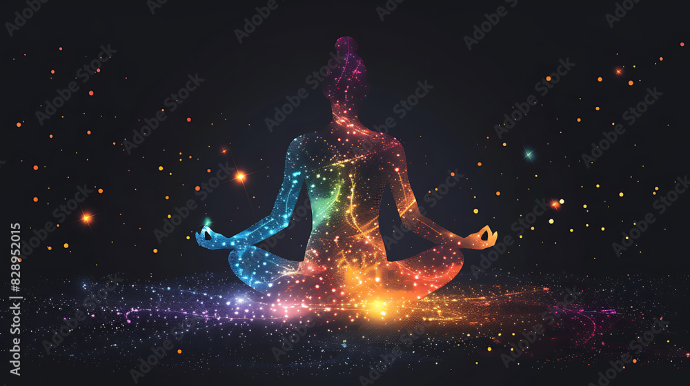 Cosmic Silhouette Meditating with Colorful Lights Cosmic Silhouette Meditating with Colorful Lights
