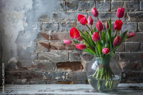 A crystal clear glass vase filled with vibrant tulips set against the rustic texture of a brick wall #828952041