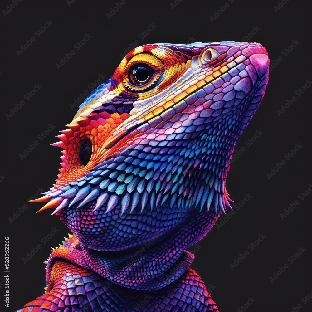 Obraz premium Vibrant multicolored lizard artwork showcasing detailed scales and vivid hues against a dark background. Perfect for unique designs.