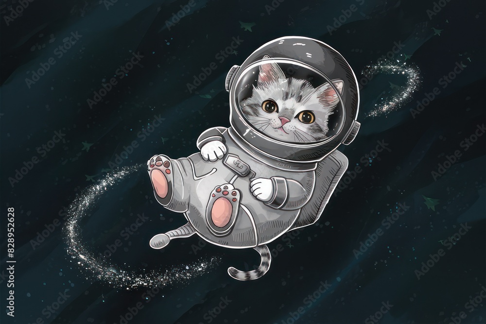 Cute cat wanders in space in astronaut suit. illustration of cat flying in outer space. Cute cat wanders in space in astronaut suit. illustration of cat flying in outer space.