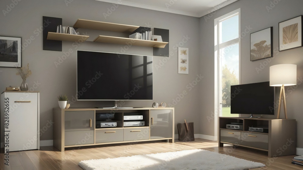 Contemporary living room with stylish furniture, large tv, and ample natural light from windows, featuring warm tones Contemporary living room with stylish furniture, large tv, and ample natural light from windows, featuring warm tones