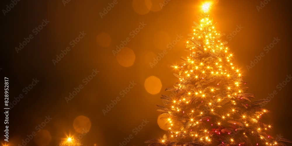 A warmly lit Christmas tree glowing against a dark background with soft bokeh lights A warmly lit Christmas tree glowing against a dark background with soft bokeh lights