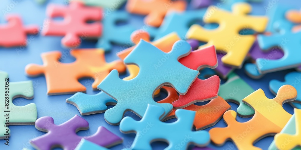 An image featuring multiple jigsaw puzzle pieces in various colors spread out on a blue background An image featuring multiple jigsaw puzzle pieces in various colors spread out on a blue background