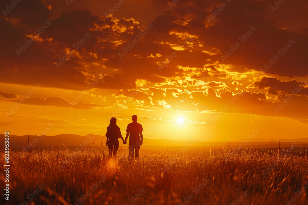 A couple is walking on a beach at sunset, holding hands
