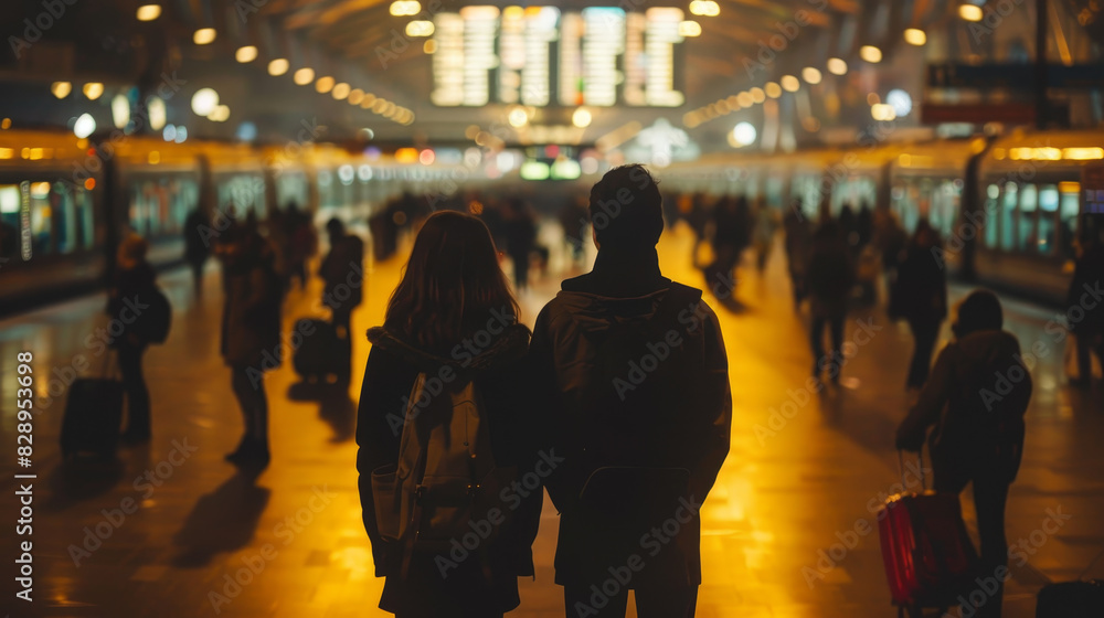 A couple is standing in a train station with many other people A couple is standing in a train station with many other people