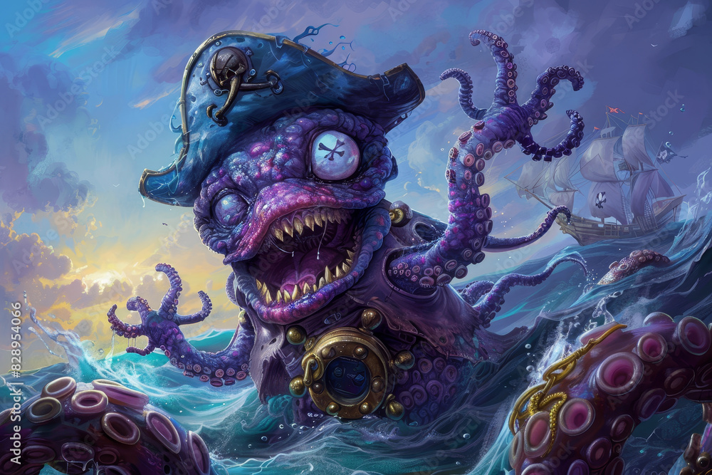 Obraz premium A monster with a pirate hat and a big mouth is swimming in the ocean