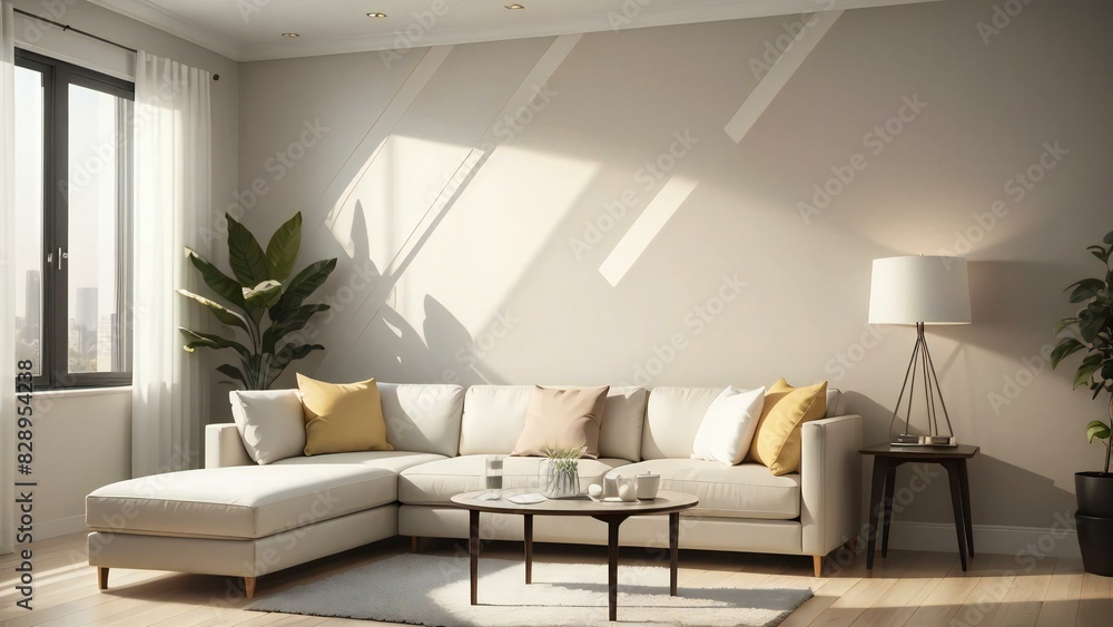 Stylish modern living room with a white couch, wooden coffee table, and expansive view of the cityscape from the window Stylish modern living room with a white couch, wooden coffee table, and expansive view of the cityscape from the window
