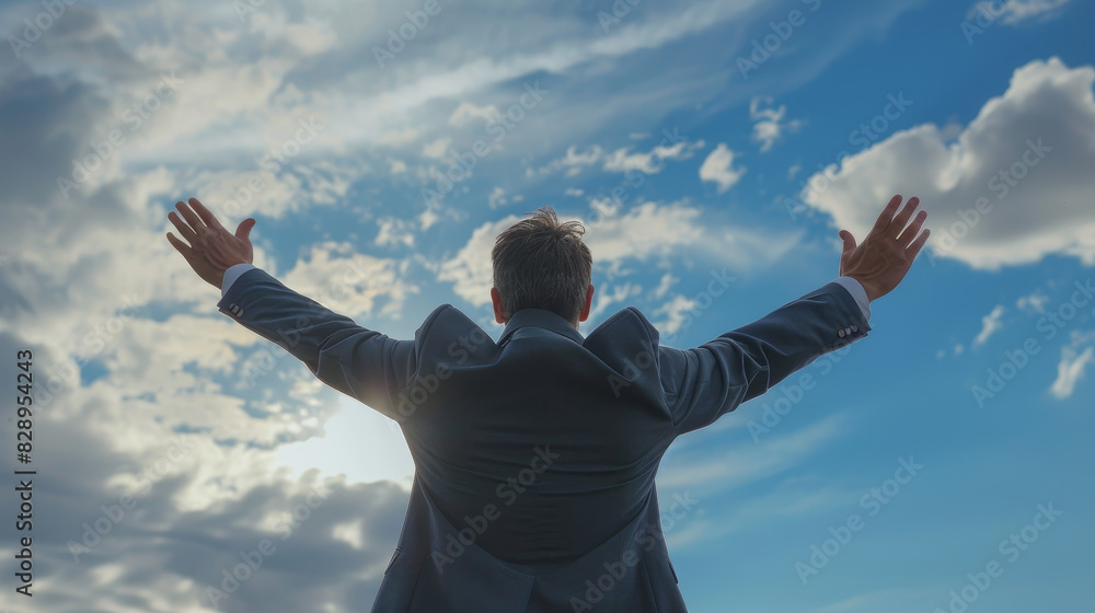 A man in a suit is standing in the sky with his hands raised A man in a suit is standing in the sky with his hands raised