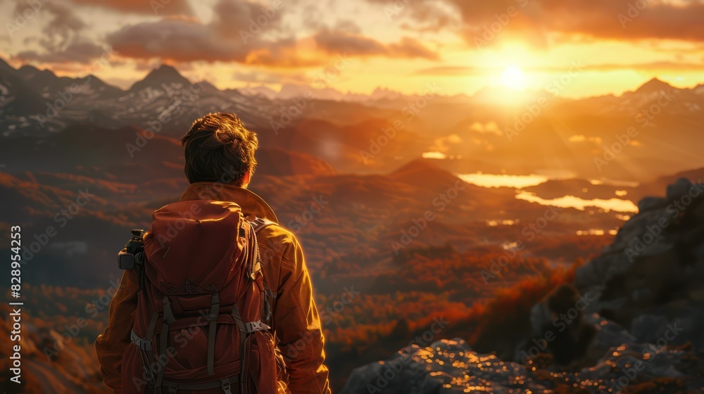 Adventurous hiker standing on a mountain peak at sunset, overlooking stunning valleys and distant snow-capped mountains. Adventurous hiker standing on a mountain peak at sunset, overlooking stunning valleys and distant snow-capped mountains.