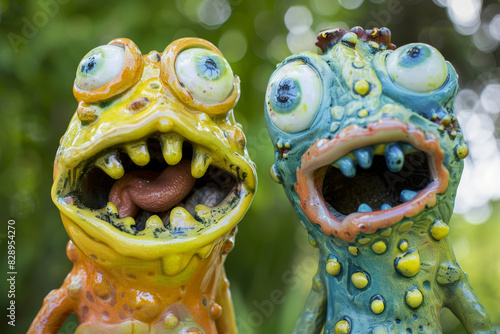 Two creepy looking monsters with yellow and blue faces photo
