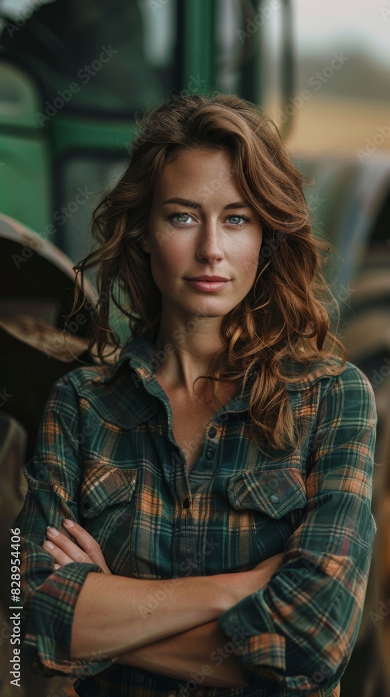 Proud female farmer standing confidently in front of a tractor Proud female farmer standing confidently in front of a tractor