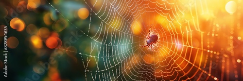 A close-up of a spider web glistening with morning dew against a backdrop of warm sunlight © gunzexx png and bg