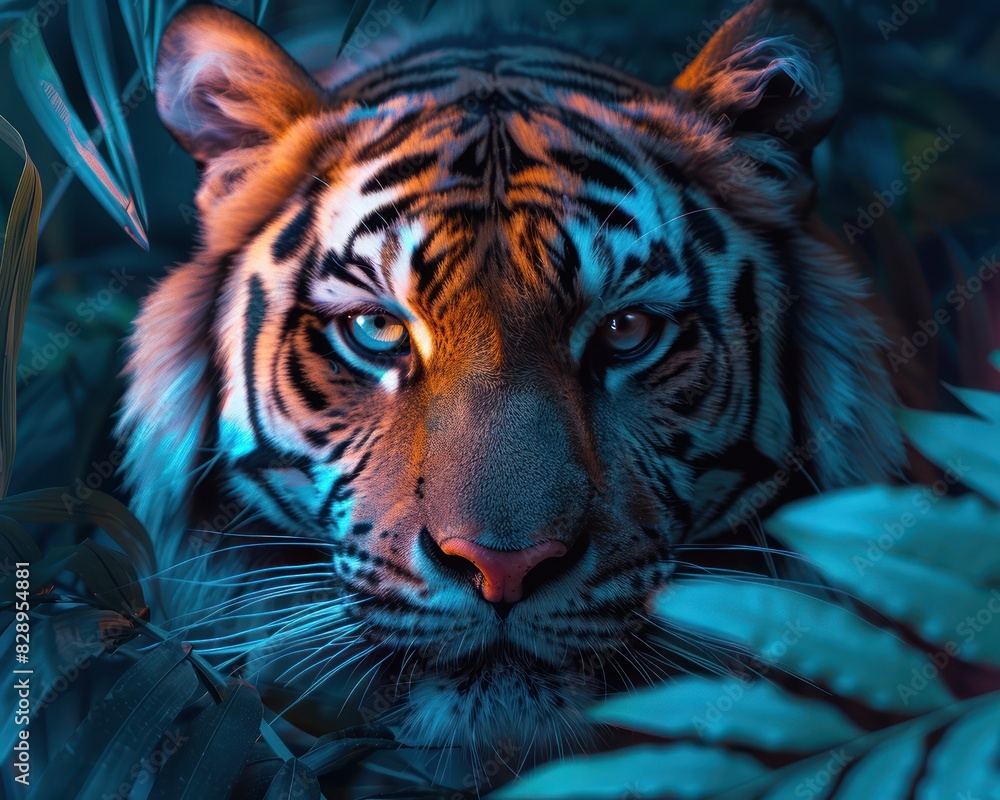 Close-up of a majestic tiger in a dark, leafy jungle environment, illuminated by soft, dramatic lighting highlighting its powerful features.