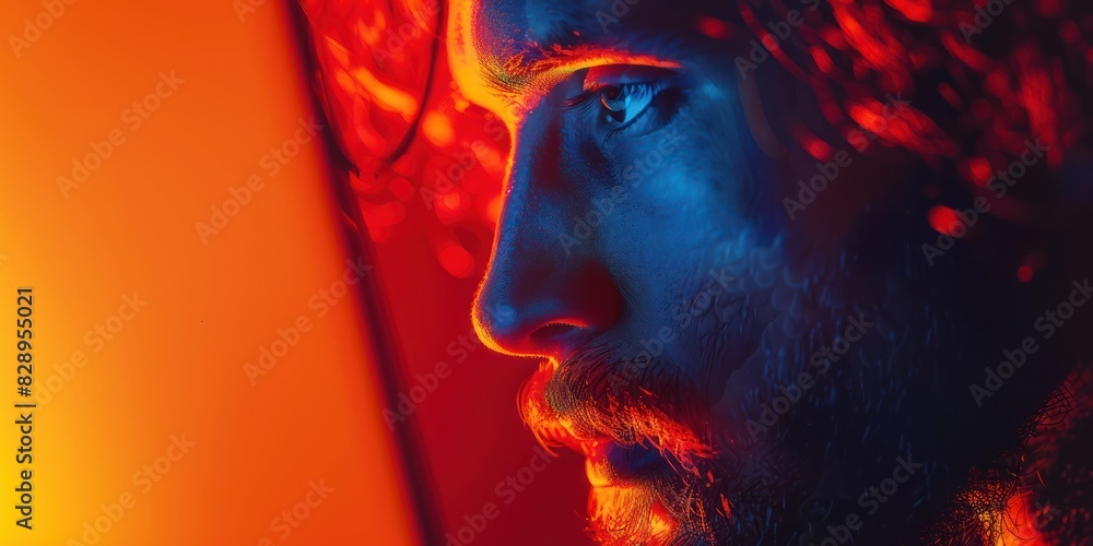 Close-up of a man's face illuminated by colorful neon light. Artistic and dramatic lighting creates a futuristic vibe with red and blue tones. Close-up of a man's face illuminated by colorful neon light. Artistic and dramatic lighting creates a futuristic vibe with red and blue tones.