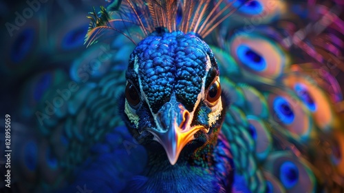 Close-up of a vibrant peacock showcasing its iridescent feathers and striking plumage in a detailed macro shot. photo
