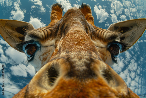 A giraffe s face is shown up close  with its eyes looking out into the distance