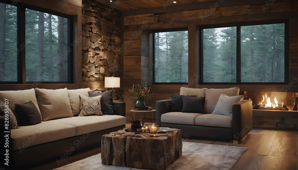 Fototapeta premium Cozy living room with a stone fireplace, comfortable sofas, and expansive windows offering views of a peaceful, wooded scenery
