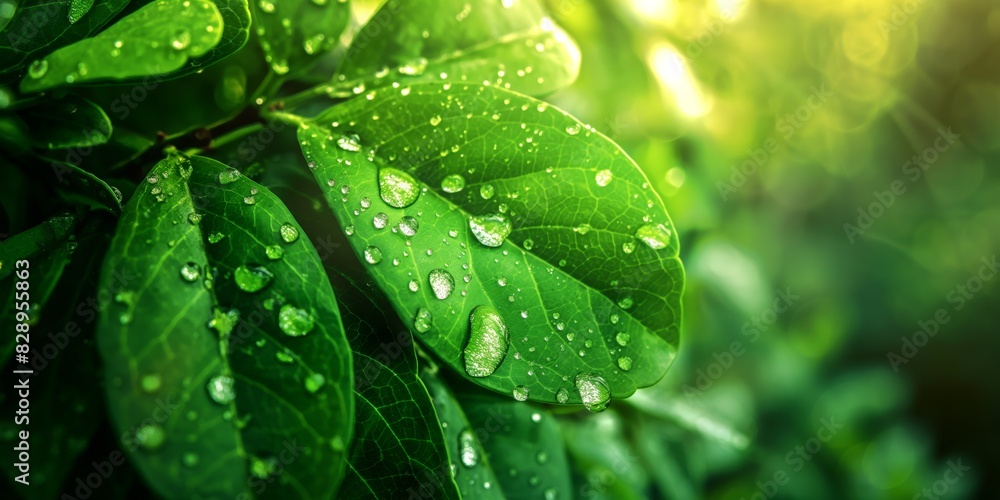 Macro shot of vibrant green leaves with fresh water droplets glistening in sunlight Macro shot of vibrant green leaves with fresh water droplets glistening in sunlight